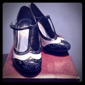 T-strap saddle shoe heels